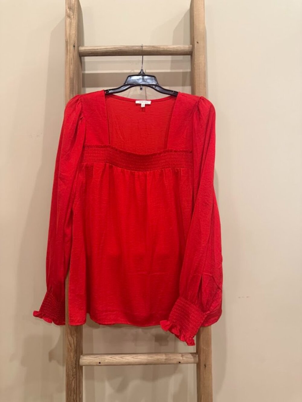 JODIFL Red Smocked Waist Blouse Puff Sleeve Ruffle Cuff Top Size Small